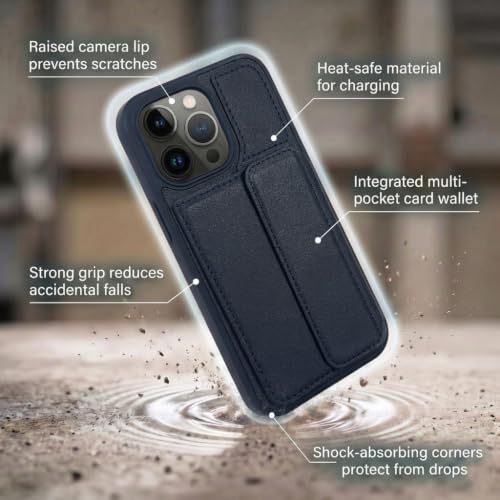 Image of amazon basics Luxury Vegan Leather Back Cover for iPhone 14 Pro | Built-in Card Holder Slot | Integrated Mobile Stand | Slim Shockproof Protective Case with Stitched Finish - Blue