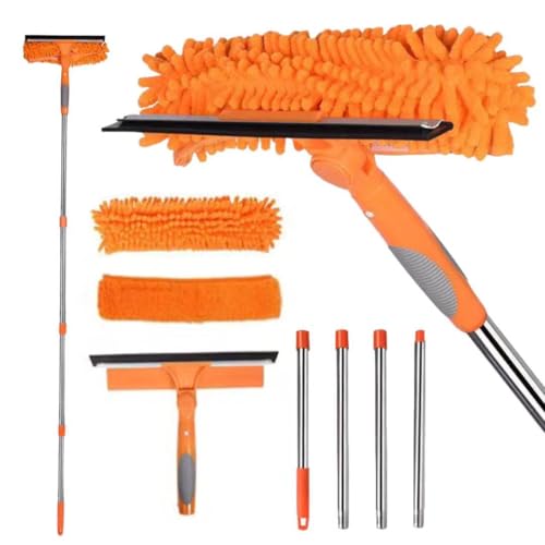 68'' Window Squeegee Cleaner Kit - 2-in-1 Rotatable Window Cleaning Tool with Extension Pole, Professional Streak-Free Squeegee with Bendable Head for Indoor/Outdoor Windows Car Glass (Orange)