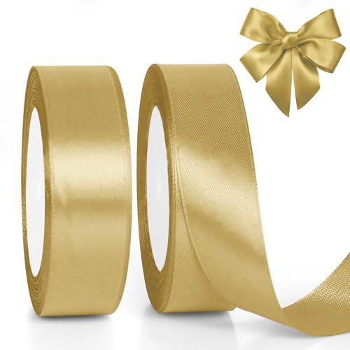 GXFCING Nastro Dorato Largo 25mm, 46 Metri di Raso per Confezioni Regalo, Cucito, Artigianato, Decorazione Matrimoni, Battesimi, Natale e Feste (23 M/Rotolo)