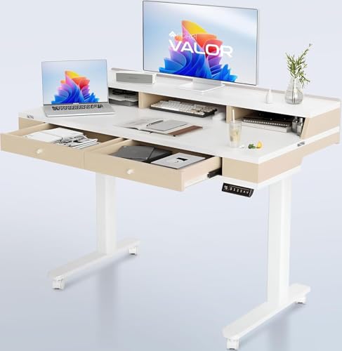 Image of ARTIKEL Valor Pro Electric Height Adjustable Standing Desk with Storage Drawers & Shelves| Sit-Stand Desk for Home Office |Ergonomic Workspace Table (Beige)