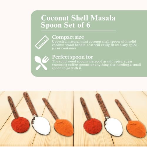Image of Thenga Coconut Shell Masala Spoons Set of 6 | Mini Wooden Spoons for Spices, Tea, Coffee, Condiments & Desserts | Eco-Friendly, Handmade & Rustic Small Kitchen Utensils for Everyday Use