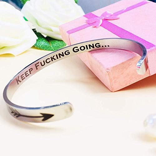Engraved Bracelets Inspirational Cuff Bracelets Motivational Mantra Quote Keep Going Stainless Steel Bracelet for Women Teen Girls Kids Sister - Friend/Encouragement/Family Jewelry Gift