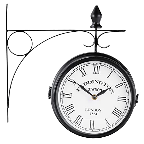 COSTWAY Double Sided Wall Clock, 21cm Paddington Station Clock with Waterproof Cover, Vintage Antique-Look Wall-mounted for Indoor & Garden, Hanging Décor, Premium Metal Materials, Black