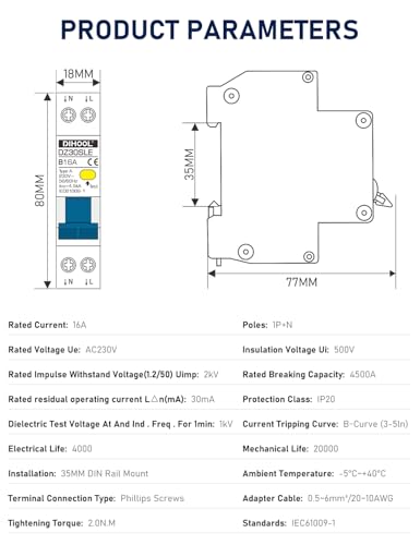 DIHOOL 16A FI/LS Schutzschalter 30mA 0.03 2-polig RCBO B16A Fehlerstromschutzschalter mit 18mm Breite | Bidirektionaler Anschluss FI LS Schalter