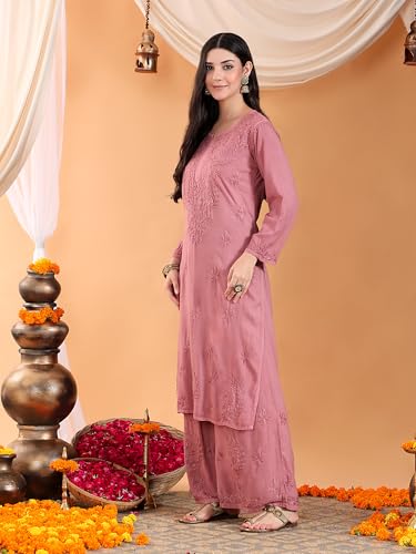 Image of POSHAK CHIKAN STUDIO Women's Hand Embroidered Lucknowi Chikankari Rayon Co-ord Set