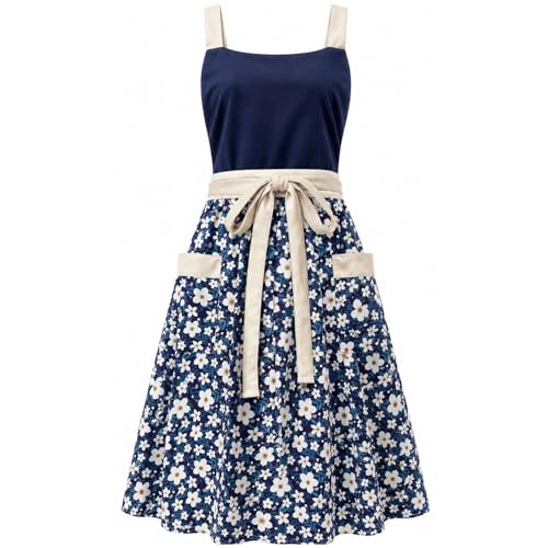 Uaussi Pinafore Apron Dress for Women Adjustable Flower Work Aprons for Kitchen Cooking Baking Gardening with Pockets, Long Ties(Navy)