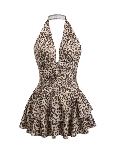 Image of GORGLITTER Women's Ruffle Mini Halter Neck Dress A Line Flared Sexy Dresses