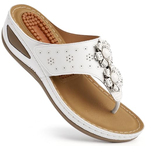 Image of Ecetana Womens Wedge Flip Flops: Orthopedic Cushion Non Slip Sandals - Comfortable Walking for All Day - Stylish Flower Adjustable Thong Sandals for Summer Casual Outing
