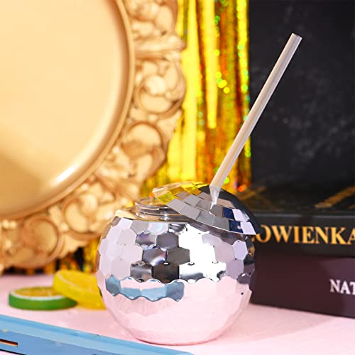 Ujuuu 6Pcs Disco Ball Cups Tumbler Disco Flash Ball Cocktail Cup Silver Spherical Cup With Lid And Straw Wine Glass Drinking Syrup Tea Bottle For Nightclub Bar Party,16Oz #TOP6