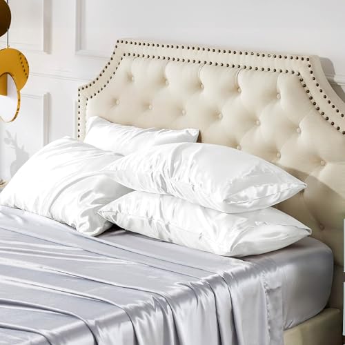 Image of Bedsure King Size Satin Pillowcase Set of 4 - Pure White Pillow Covers for Hair and Skin 20x36 Inches with Envelope Closure, Similar to Silk Pillow Cases, Gifts for Women Men
