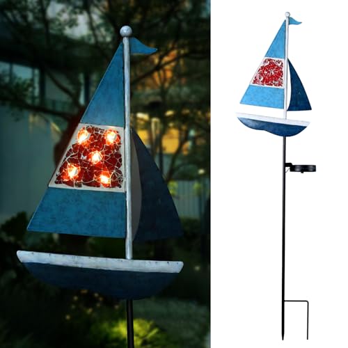 Yiosax Solar Garden Lights Sailboat Stake Decor-Yard Outdoor Statue Decorations Waterproof 5 LED Metal Landscape Lighting Flower Bed,Pond,Yard,Lawn Gift for Mom Grandma Women