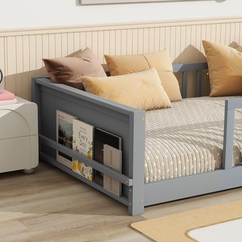 Image of Twin Size Kids Montessori Floor Bed,Twin Floor Bed Frame with Slats and Bookcase,Solid Wood Montessori Bed for Girls Boys,Grey