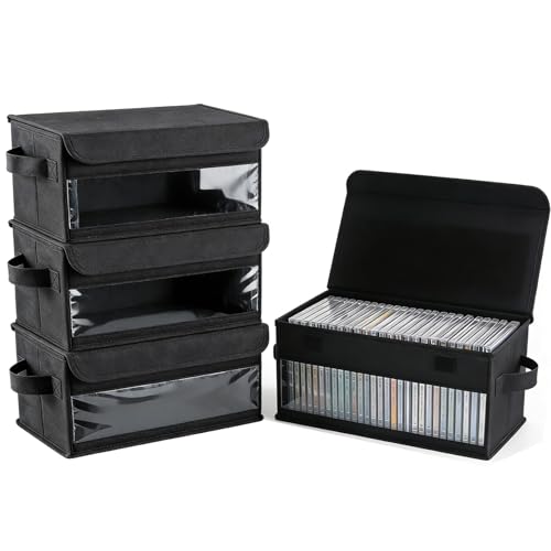 Vurlexat Lot De 4 Rangement CD Avec Couvercle,Grande Capacité Jusqu'À 128 Cd,Boîte De Rangement Pliable Pour DVD Avec Fenêtre De Visualisation,Range...