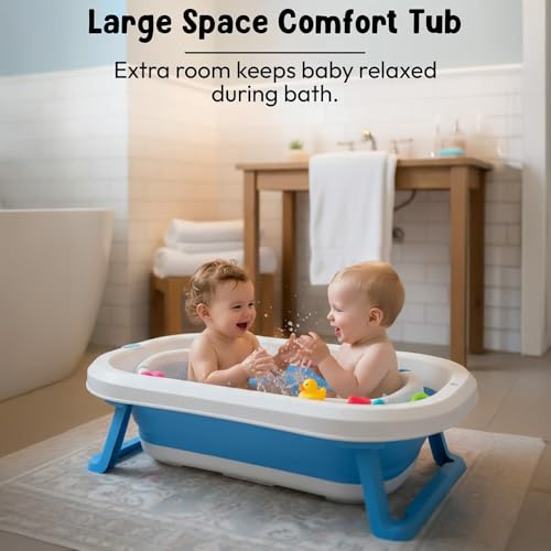 Image of StarAndDaisy Baby Bath Tub for 0 to 5 Years /Bath Tub for Kids 0-3 Years, Tub for Girls & Boys with oldable Legs, Easy to Store -Dark Blue- White