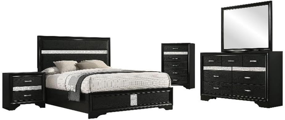 Pemberly Row 5-Piece California King Upholstered Bedroom Set, Black Finish, Includes Bed with Upholstered Headboard, Nightstand, Dresser, Chest, and Mirror, Glamorous Diamond Trim, Modern Storage