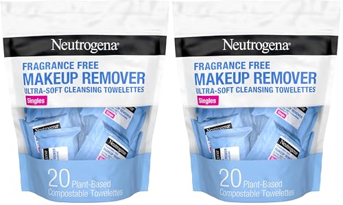 Neutrogena Fragrance-Free Makeup Remover Wipes Singles, Individually Wrapped Face Towelettes, Gently Remove Dirt, Oil, Waterproof Mascara &amp; Makeup, Alcohol-Free Daily Face Wipes, 20 ct (Pack of 12)