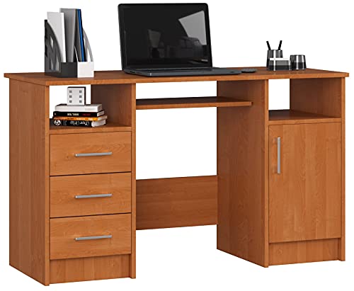 AKORD Schreibtisch ANA 124 cm | mit 1 Tür und 3 Schubladen | Office Desk | Computertisch | Bürotisch | PC-Schreibtisch | B124 x H74 x T52 cm | Gewicht 46,40 kg | Erle/Erle