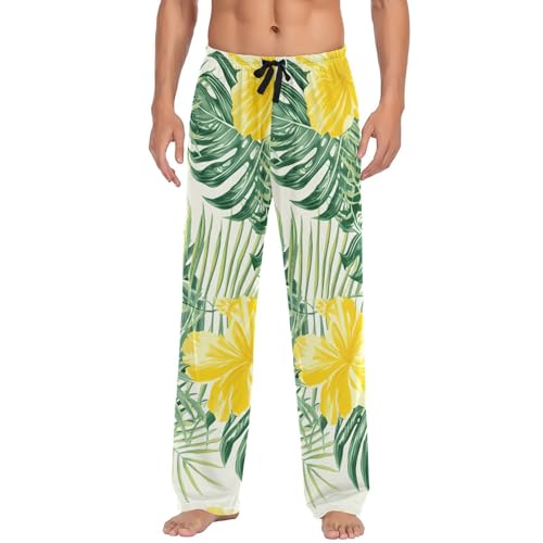 Men's Pajama Pants Yellow Hibiscus Palm Leaf Sleep Pajama Lounge Pant with Pockets, Elastic Waistband