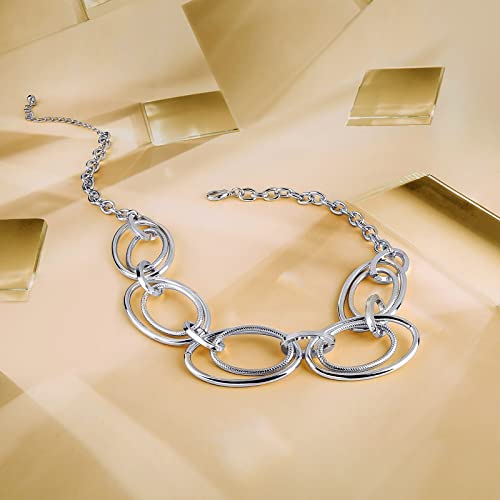 Gold Cable Link Pendant Necklace: 14K Gold Plated Loop Chain Link Statement Choker Necklace For Women - Chunky Fashion Double Oval Hoop Pendant Jewelry - Simple Elegant Girls Gift (Silver) #TOP4