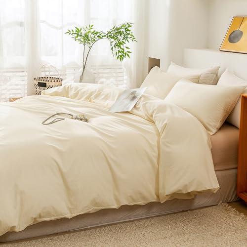 Image of ECOCOTT Duvet Cover Queen Size - 3 Piece 100% Washed Cotton Bedding Set, Soft and Breathable with Zipper Closure & 8 Corner Ties - Comfortable and Stylish for All Seasons (Cream)