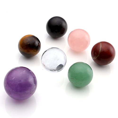 Manifo 7 Chakra Gemstone Ball Sphere Set On Black Obsidian Hexagram Stand Reiki Healing Crystals Authentic Stress Free Relaxation Fengshui Seven-Star Appetizer Plate #TOP2