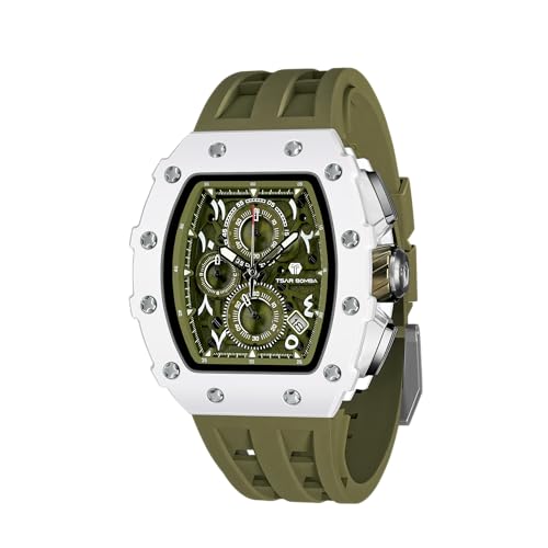 TSAR BOMBA Watches for Men Luxury Tonneau Mens Watch Waterproof 50M Analog Watch Chronograph Calendar Date Men’s Dress Business Work Wristwatch,TB8204QA-Olivewhite