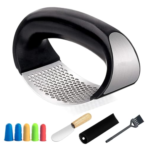 Premium Stainless Steel Garlic Press – Heavy Duty, Rustproof, Dishwasher Safe & Easy to Use – Includes Silicone Finger Protector & Bonus Finger Guard for Safe Cooking.