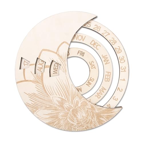 Wood Rustic Circular Wall Mounted Rotatable Perpetual Calendar, DIY Adjustable Wooden Moon Wall Mounted Calendar, Wooden Crafts Calendar for Study Living Room Wall, Perfect As A Holiday Gift. (Clear)