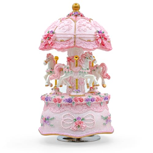AttoShow Carousel Music Box，Luxury Color Change LED Light Music Box,Luminous Rotating 3-Horse Musical Box with Gift Box for Girls Birthday Valentine Gift (You are My Sunshine, Pink)