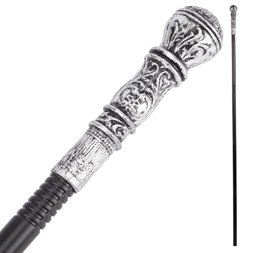 Image of GORGECRAFT Vintage Walking Stick Antique Victorian Cane 145cm Long Pretend Play Scepter Costume Cane Plastic Punk Prop with Antique Silver Top Knob Cosplay Prop for Halloween Themed Events Stage Show