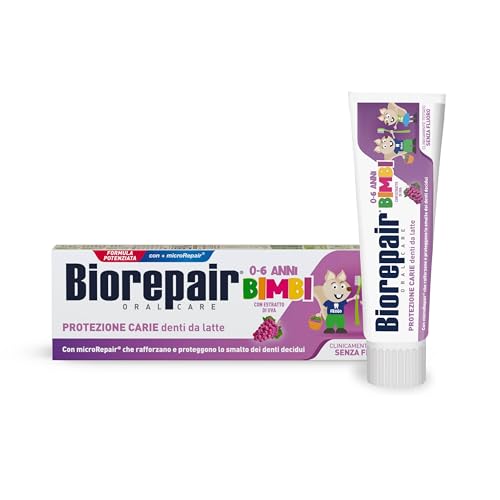 Biorepair, Dentifricio Bimbi 0-6 anni, Dentifricio Biorepair per Bambini Senza Fluoro Gusto Uva, Anticarie, per Gengive Sane, 50 ml