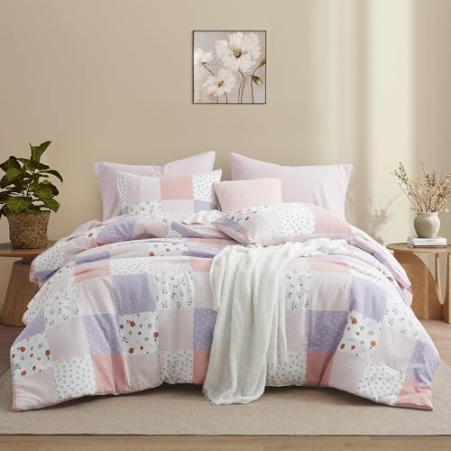 Oli Anderson Queen Comforter Set, 7 Pieces Misty Pink Floral Seersucker Bed Comforter, Patchwork Reversible Bed in a Bag with Comforter, Sheets, Pillowcases & Shams (Misty Pink, Queen)