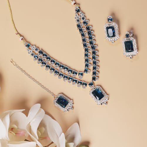 American/AD Two-Layered | Sparkling Square-Shaped Rhinestone Crystal Design Necklace | Dangle Earrings and Maang Tikka for Wedding Jewellery Set for Women3