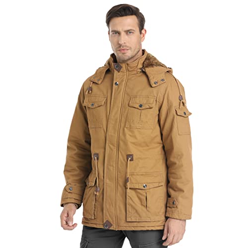 Lepoar Men's Winter Jacket Military Jacket Fleece Lined Warm Cargo Jackets Removable Hood Cotton Work Coat, Khaki-S #TOP1