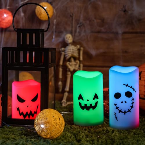Image of Halloween Decorations Flameless Candles with Remote Timer, Battery Operated LED 12 Color Changing Candles Flickering Set of 3, Waterproof LED Pillar Candles Plastic for Halloween Decor
