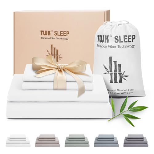 TWK Luxury Sheet Set, Genuine 100% Organic Viscose Derived from Bamboo, Cooling & Breathable, Silky Soft, Bedding Sheets & Pillowcases (White, King(78 * 80 * 15))