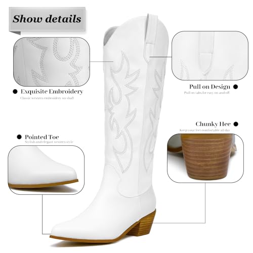RKQ Women's White Embroidered Knee High Cowboy Boots Western Pointed Toe Chunky Block Heel Pull On Tall Cowgirl Boot Classic Sexy Party Wedding2