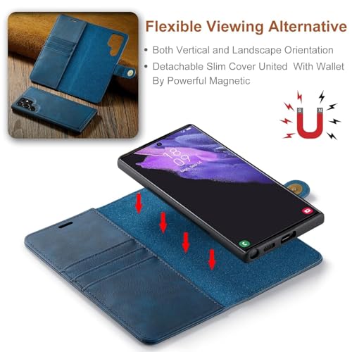 Image of Scalebee BackCover for Samsung Galaxy S23 Ultra Magnetic Detachable 2 in 1 Split Leather Wallet Phone Cover,Genuine Leather Wallet Case,Magnetic Pouch Shell (Blue)