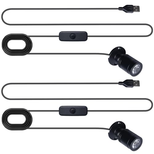 WIYETY Mini foco de luz: 2 unidades de aluminio USB 5 V regulable, con cable de 6,6 pies, pequeña luz de acento, luz blanca cálida de 3000 K para vitrinas, joyas, escaparates, modelos