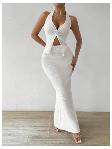 Image of SOLY HUX Women's Two Piece Outfits Twist Front Halter Cami Tops and Skirt Summer Set
