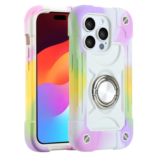 Image of MARKILL Compatible with iPhone with Built-in 360Rotating Ring Stand, Military Grade Drop Protection Full Body Rugged Heavy Duty Case Durable Cover (Rainbow White, iPhone 15 Pro Max 6.7 inch)