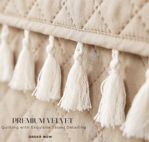 Image of BSB HOME 3 Seater Quilted Velvet Sofa Cover with Tassels | Soft Washable Sofa Protector for Living Room | Elegant Furniture Cover for Home Decor (Beige)