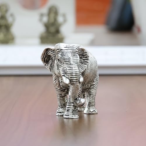 Image of KridayKraft Metal Decorative Silver Toned African Elephants Animal Figurine, Antique Finish, Home Decor