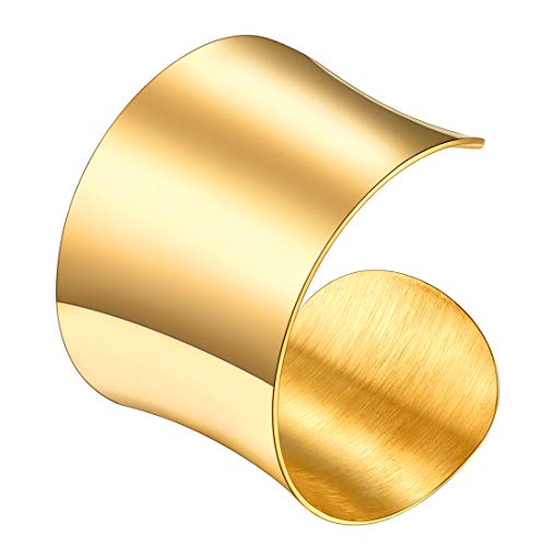 U7 Women Chunky Grooved Wristband Statement Jewelry 18K Gold Plated Stainless Steel Polished Curve Cuff Bracelet Bangle #TOP15