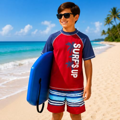 Image of iXtreme Boys Swim Set - 2 Piece Rash Guard Short Sleeve Swim Shirt and Boys Swim Trunks for Infants Toddlers & Big Boys