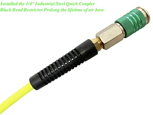 Sanfu (Pu) Polyurethane Recoil Air Hose 1/4”Id X 50Ft With Bend Restrictor,1/4” Industrial Steel Quick Coupler And Plug, Yellow(50’) #TOP1