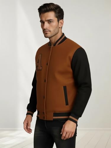 Image of CHKOKKO Men's Regular Varsity Jacket with Snap Button Closure and Patch Design Trendy Comfortable Outerwear for College Travel and Casual Wear