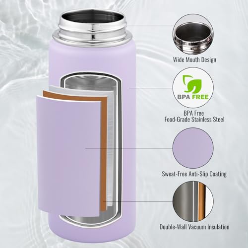 Image of Fijinhom Insulated Water Bottle with Handle, 304 Stainless Steel Water Bottles with Wide Mouth, Double Wall Vacuum Sports Water Bottle, BPA Free, Keep Cold and Hot, 18 Ounces, Purple