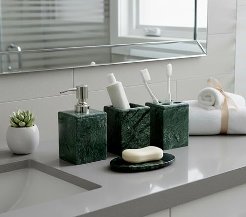KLEO - Bathroom Accessory Set Made from Natural Stone - Bath Accessories Set of 4 Includes Soap Dispenser, Toothbrush Holder, Tumbler and Soap Dish (Green)