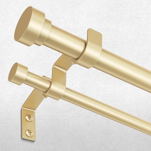 Double Curtain Rod 1 Inch Gold Extra Long Dual Curtain Rods 36 to 153 Inch with Aluminium Modern End Cap Finial Adjustable Heavy Duty Window Treatment Rods Spliced Metal Double Drapery Pole Set